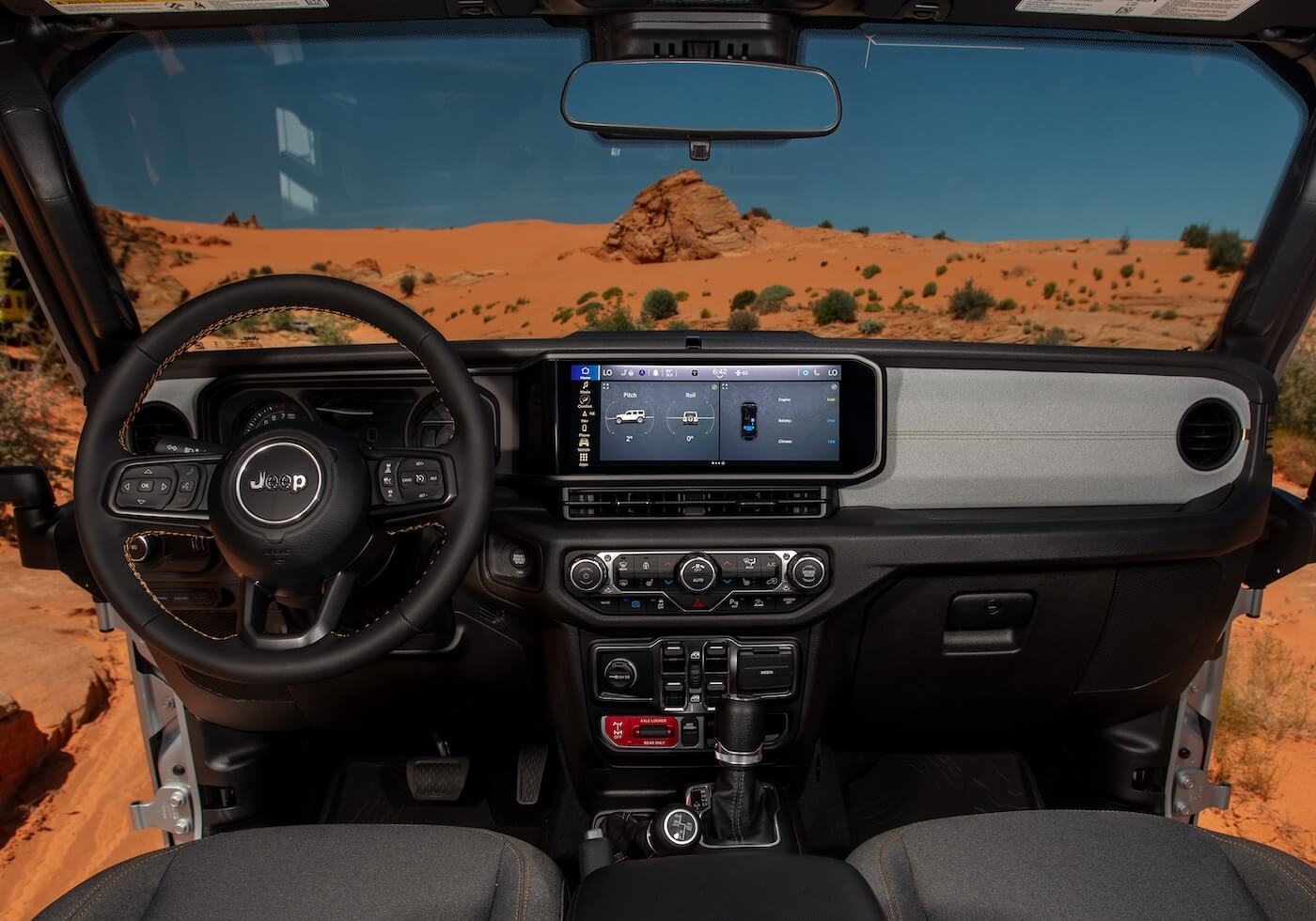 Front interior of the 2025 Jeep Wrangler 4xe PHEV.